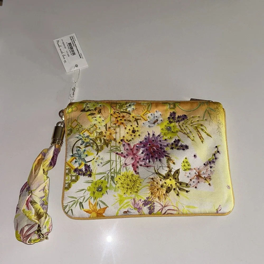 CAMILLA *How Does Your Garden Grow* yellow floral silk scarf clutch bag pouch